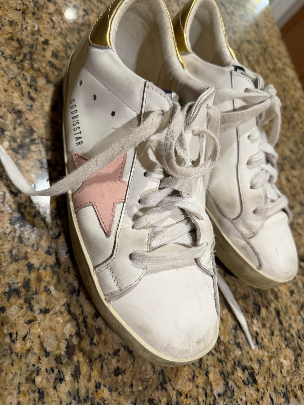 Golden Goose White Leather Sneakers with Pink Star and Gold Heel Tab